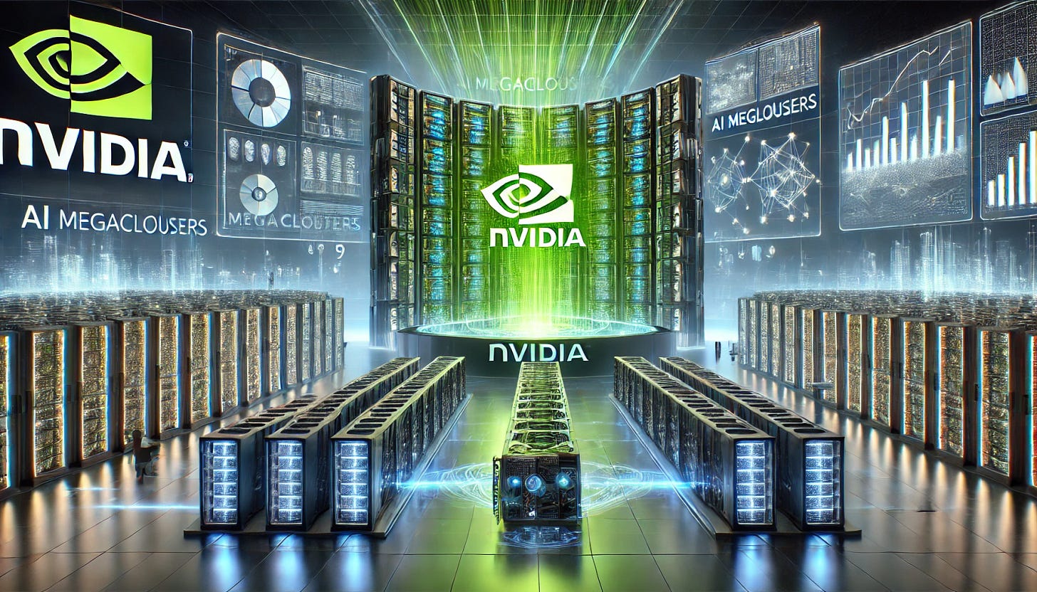 A 16:9 futuristic illustration showcasing Nvidia’s dominance in AI megaclusters. The scene features a massive Nvidia-branded AI data center with towering server racks interconnected by glowing data streams. At the center, a powerful Nvidia GPU emits a vibrant green glow, symbolizing its crucial role in AI computing. Holographic charts and visualizations display the scale of these megaclusters. The background includes a high-tech landscape with researchers and engineers managing AI operations, emphasizing Nvidia’s leadership in powering the next generation of AI infrastructure.