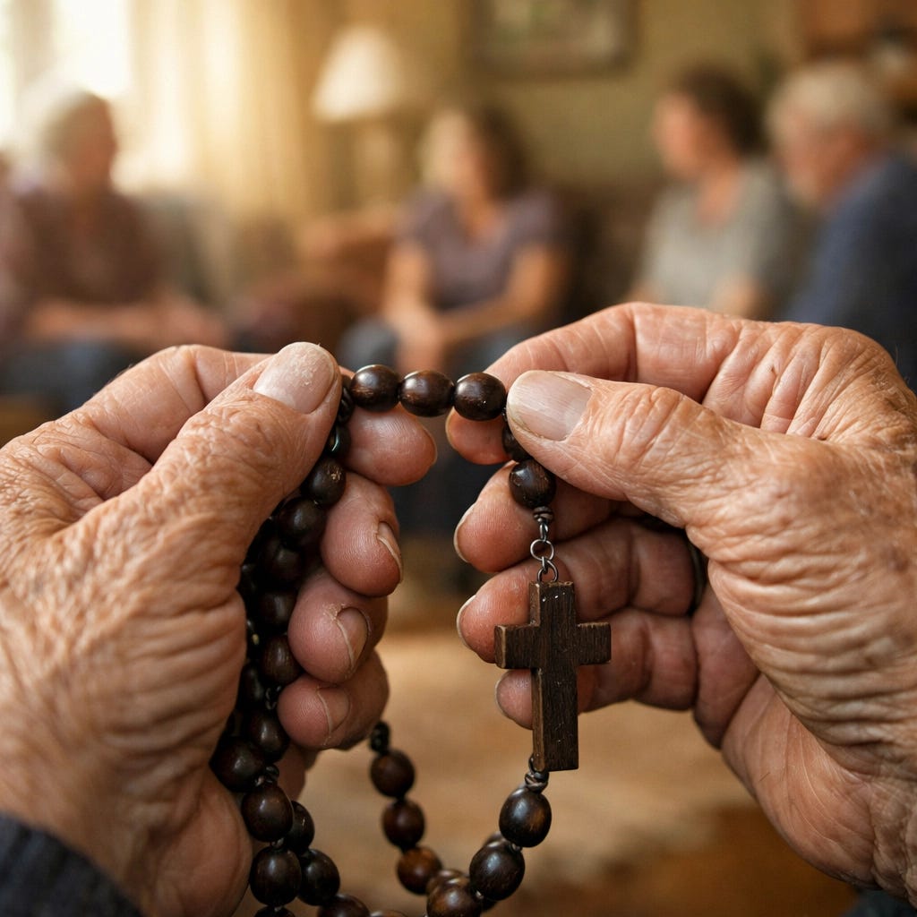 Elderly hands holding rosary beads in prayer for religious freedom and the underground Church in China.