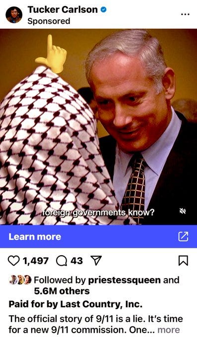 Tucker Carlson, an older man with gray hair and a suit, smiling. He is holding a Palestinian flag with a black, white, and green pattern. An Instagram watermark is visible.