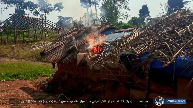 ISIS operatives setting fire to a Congolese army base in the village (Telegram, March 1, 2022) The Meir Amit Intelligence and Terrorism Information Center's Spotlight on Global Jihad