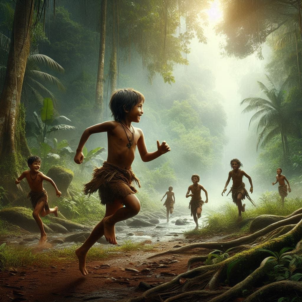 create a very realistic image of an ancient young boy running around and playing with some young friends on the edge of a jungle