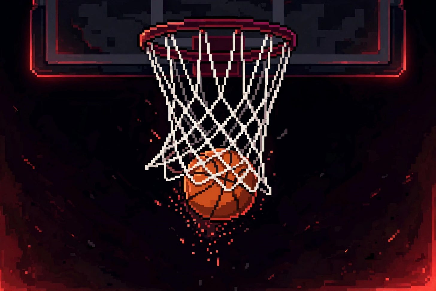 Pixel-art basketball swishing through a net on a dark background. Pixel-art basketball swishing through a net on a dark background.
