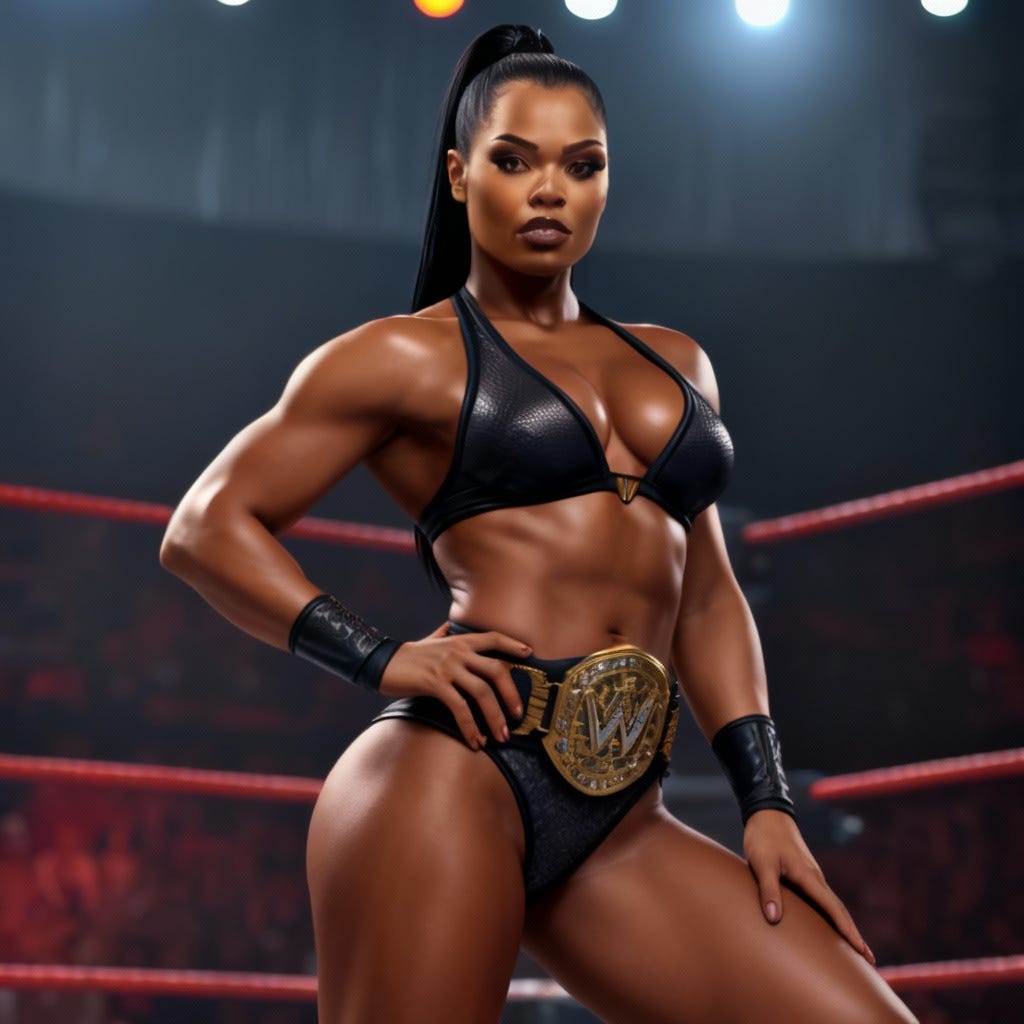 Muscular female pro wrestler in black two-piece gear with a gold championship belt, standing confident in the ring under arena lights.