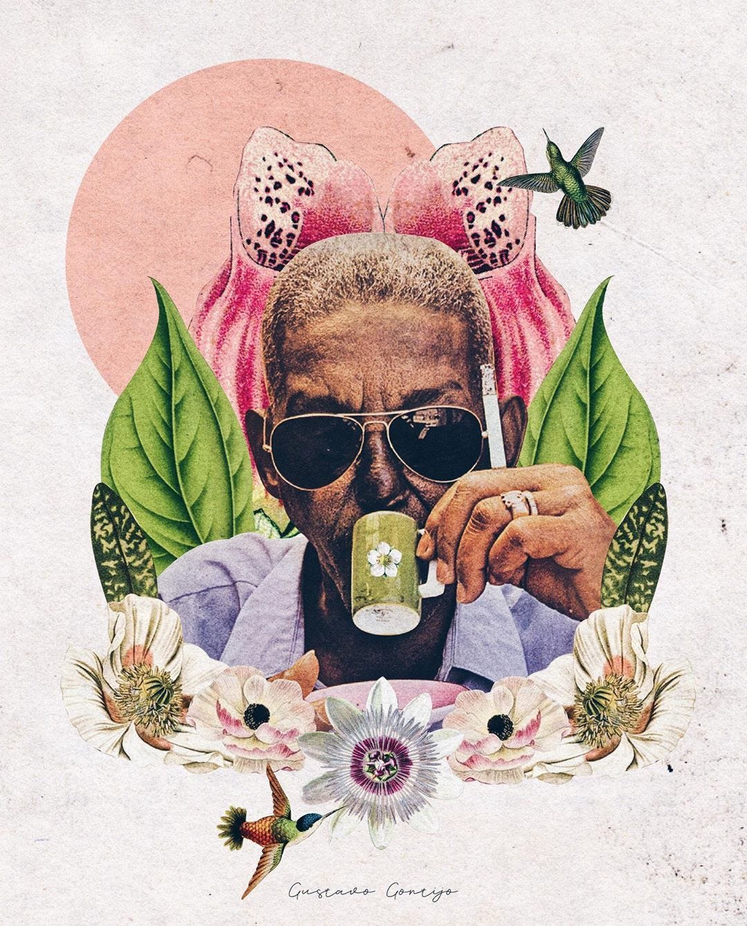 colagem de gustavo gontijo sobre o sambista cartola. homem negro usa óculos escuros grandes e segura um cigarro aceso. também segura uma xícara pequena de café. sua imagem aparece rodeado de desenhos de flores, folhagens e pássaros.