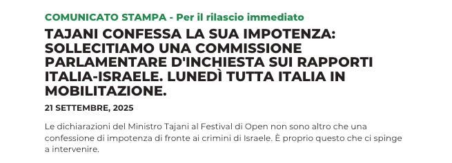 Il comunicato del Global Movement to Gaza Italia del 21 settembre 2025 con la richiesta di una commissione parlamentare d’inchiesta sui rapporti tra Italia e Israele. Il comunicato del Global Movement to Gaza Italia del 21 settembre 2025 con la richiesta di una commissione parlamentare d’inchiesta sui rapporti tra Italia e Israele.