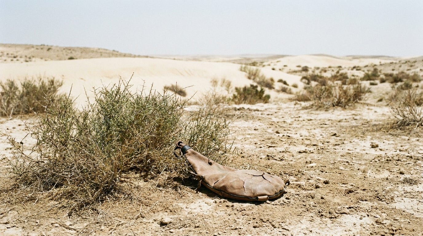 An empty leather water skin on cracked desert ground beside a thorny bush in the Wilderness of Beersheba, no people, no faces, no text An empty leather water skin on cracked desert ground beside a thorny bush in the Wilderness of Beersheba, no people, no faces, no text