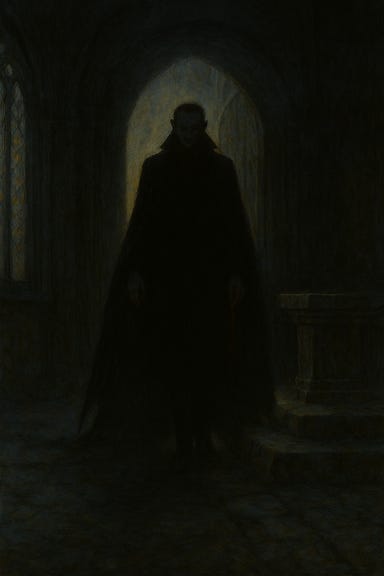 A silhouette of Strahd stands in the doorway of Castle Ravenloft's chapel, his presence casting darkness that chases all light from the room. The once sunlit stained-glass windows now appear dim and colorless, their vibrant hues drained. The stone floor is cloaked in shadow, and the air feels heavy, as if the light itself recoils from him. His figure is tall and commanding, cloak billowing slightly, with only the faintest glint of red at his mouth. The atmosphere is ominous, oppressive, and charged with dread.