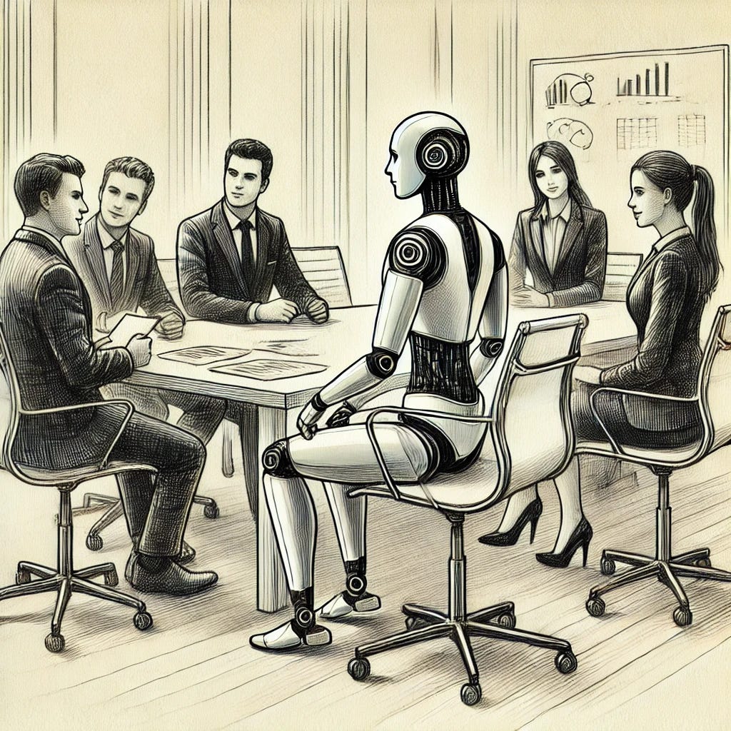 A pencil sketch of five business consultants in a meeting. Four are human, dressed in formal business attire, engaged in discussion. One is an AI, depicted as a humanoid robot with sleek, futuristic features, sitting among them, actively participating in the conversation. The setting is a modern office with a conference table and documents scattered around.