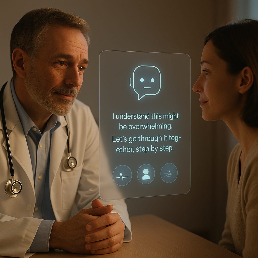 A middle-aged male doctor and a female patient sit across from each other in a warmly lit consultation room, interacting with a transparent AI assistant display between them. The screen shows a calm chatbot message: “I understand this might be overwhelming. Let’s go through it together, step by step.” Both the doctor and patient appear engaged and reassured.