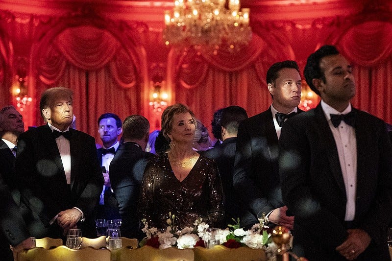 Photo/Haiyun Jiang/The New York Times / At an America First Policy Institute gala, from left, are President-elect Donald Trump, Linda McMahon, Elon Musk and Vivek Ramaswamy at Trump's residence, Mar-a-Lago, in Palm Beach, Fla., on Thursday, Nov. 14, 2024.