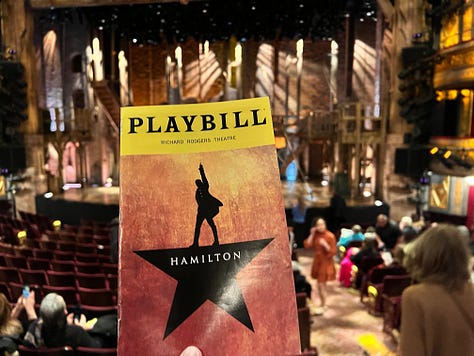Images from Hamilton marquee and stage on Broadway