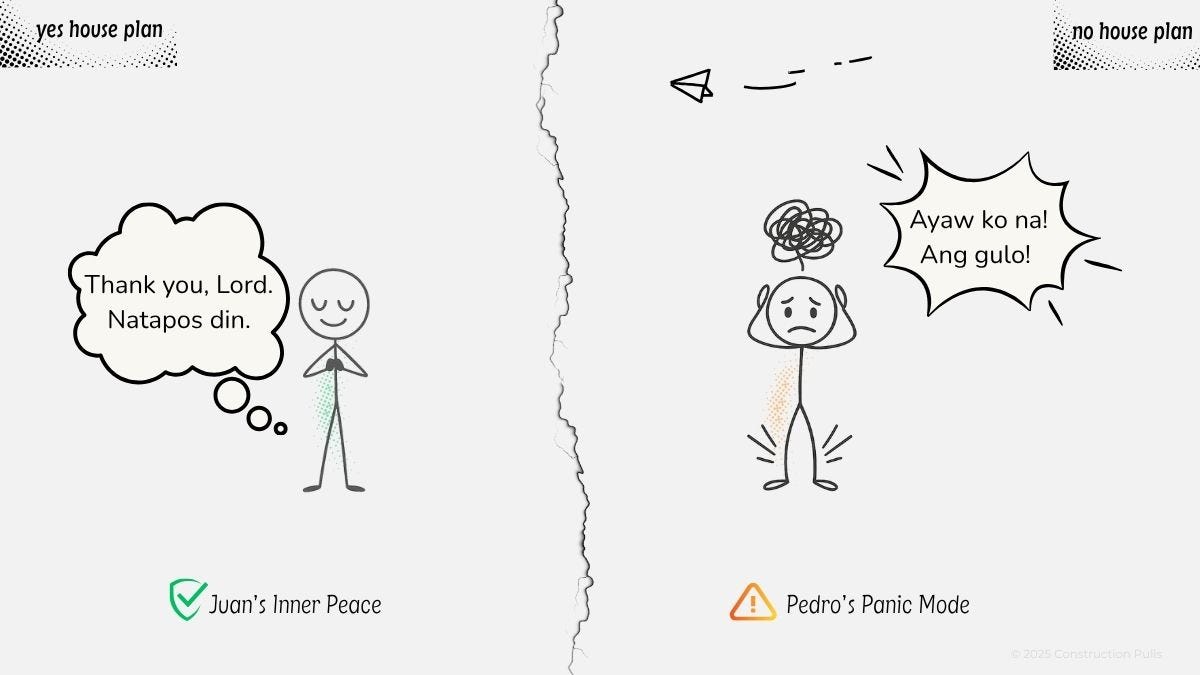 Side-by-side comparison showing Juan peaceful and praying "Thank you, Lord. Natapos din" versus Pedro stressed with scribbles around his head saying "Ayaw ko na! Ang gulo!"