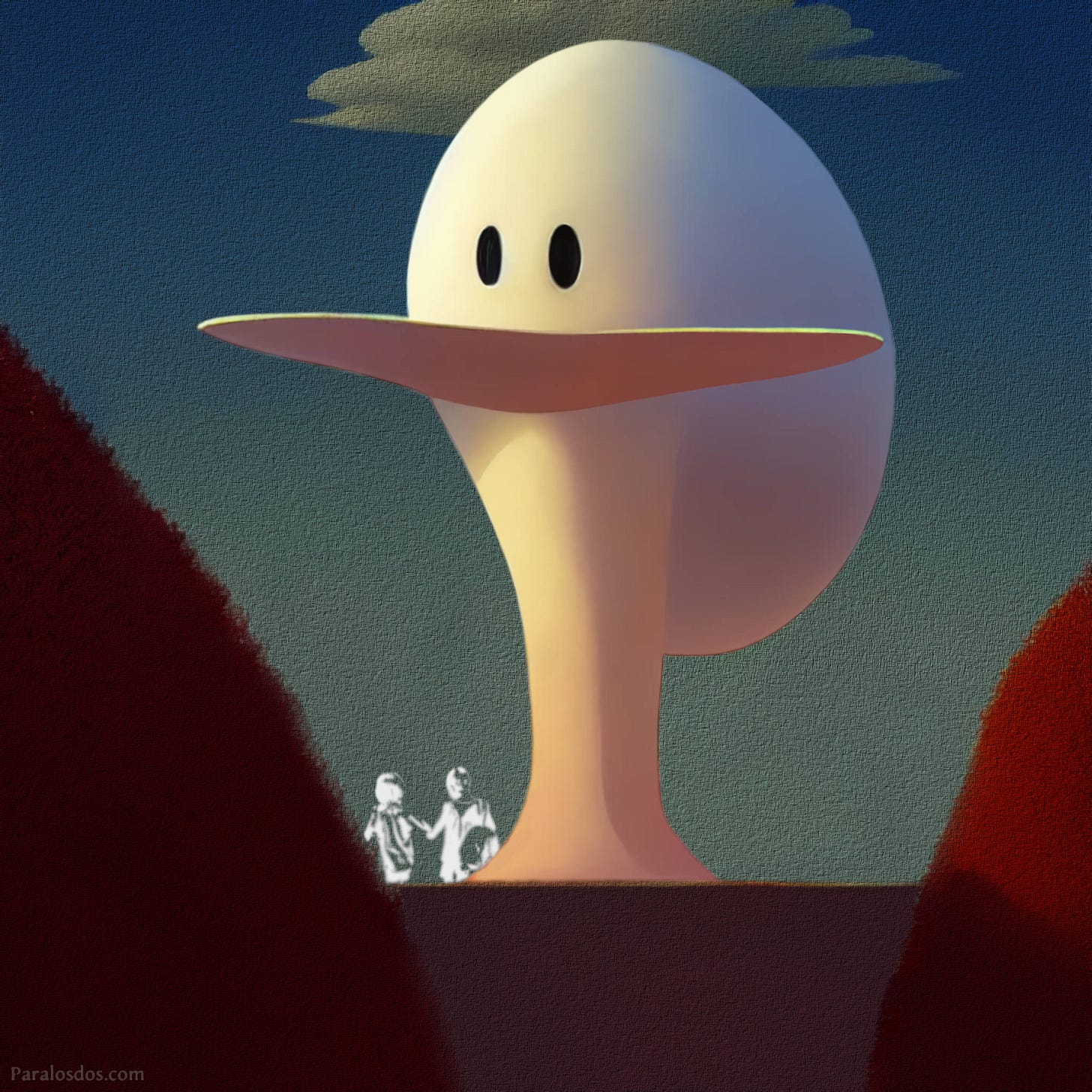 A fantastical artistic rendering of a weird ducklike giant head coming over the horizon.