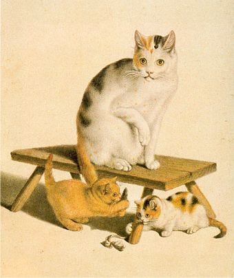 A mother cat with several kittens rendered in soft, lifelike watercolour A mother cat with several kittens rendered in soft, lifelike watercolour