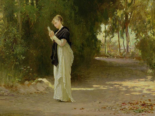 Painting of a woman standing in the woods reading a love letter. 