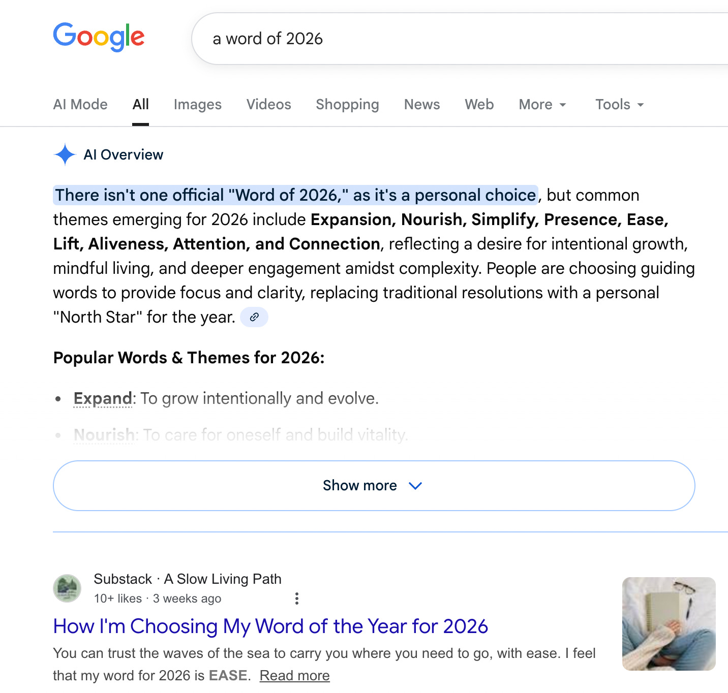 Google search showing my reflective Substack post ranking and driving organic traffic