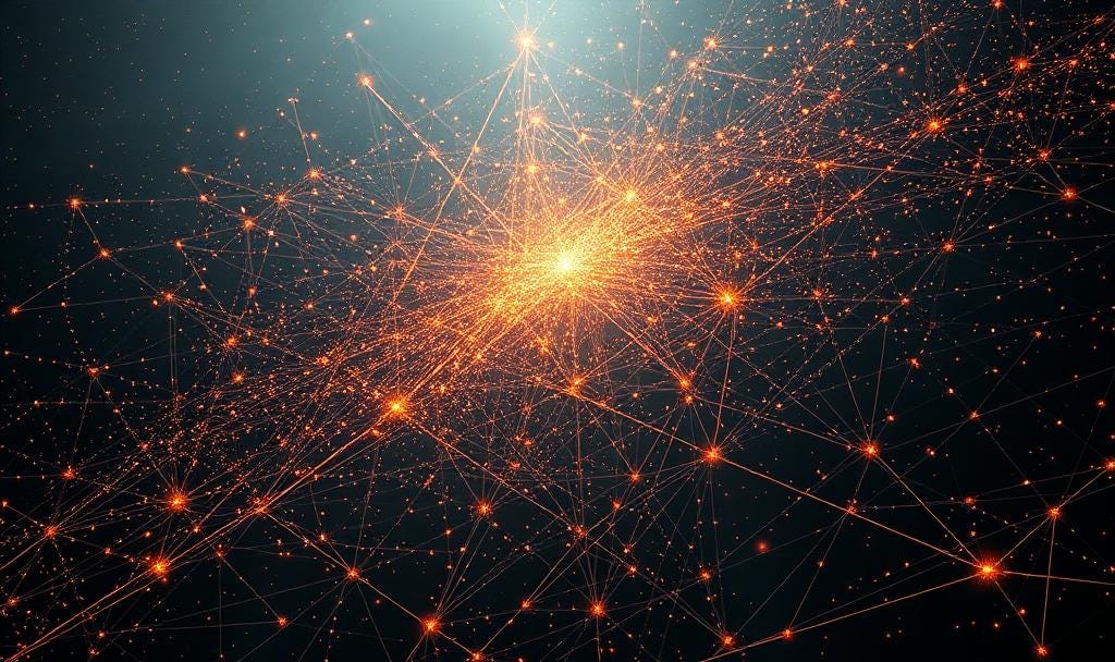 An abstract digital artwork of a vast network of interconnected points of light, glowing orange against a dark background. The network is densest in the center, forming a bright, star-like cluster, and radiates outwards.