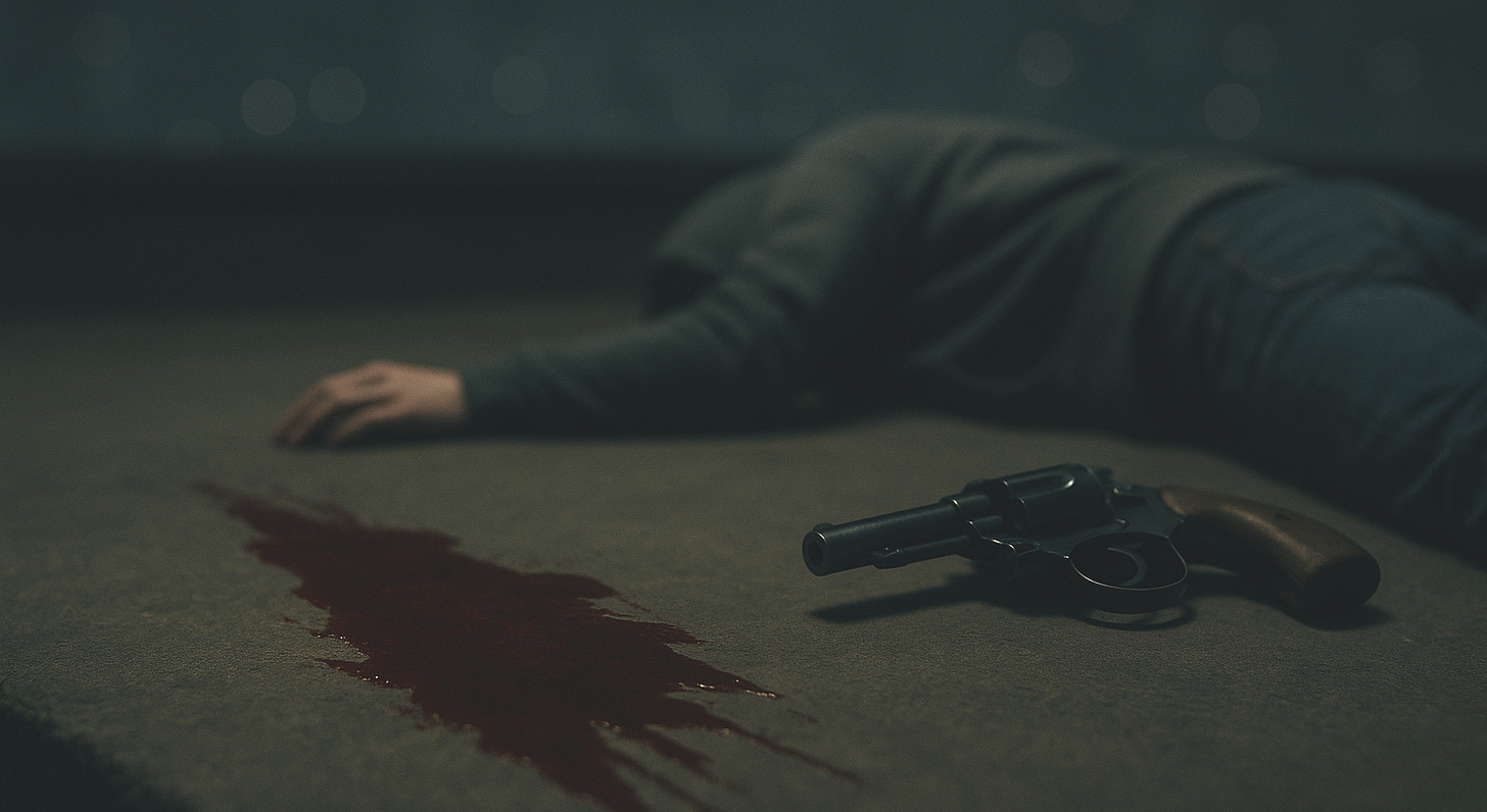 Hyperreal rooftop with blood smear, revolver, and a faceless man lying face down.