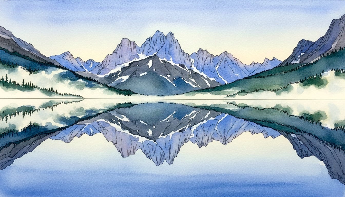 Image of mountains reflected in a lake. Image by Bert with help of AI.