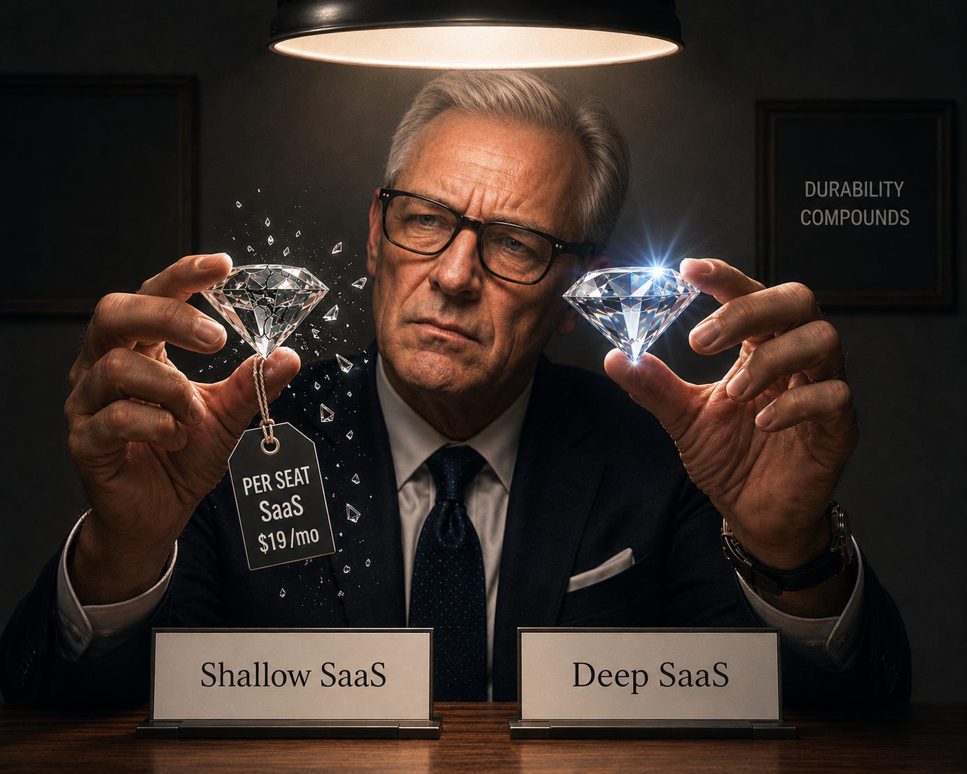 Investor holding two diamonds under studio light—one cracked with a per-seat SaaS price tag, the other clear—illustrating fragile vs durable SaaS models. Investor holding two diamonds under studio light—one cracked with a per-seat SaaS price tag, the other clear—illustrating fragile vs durable SaaS models.