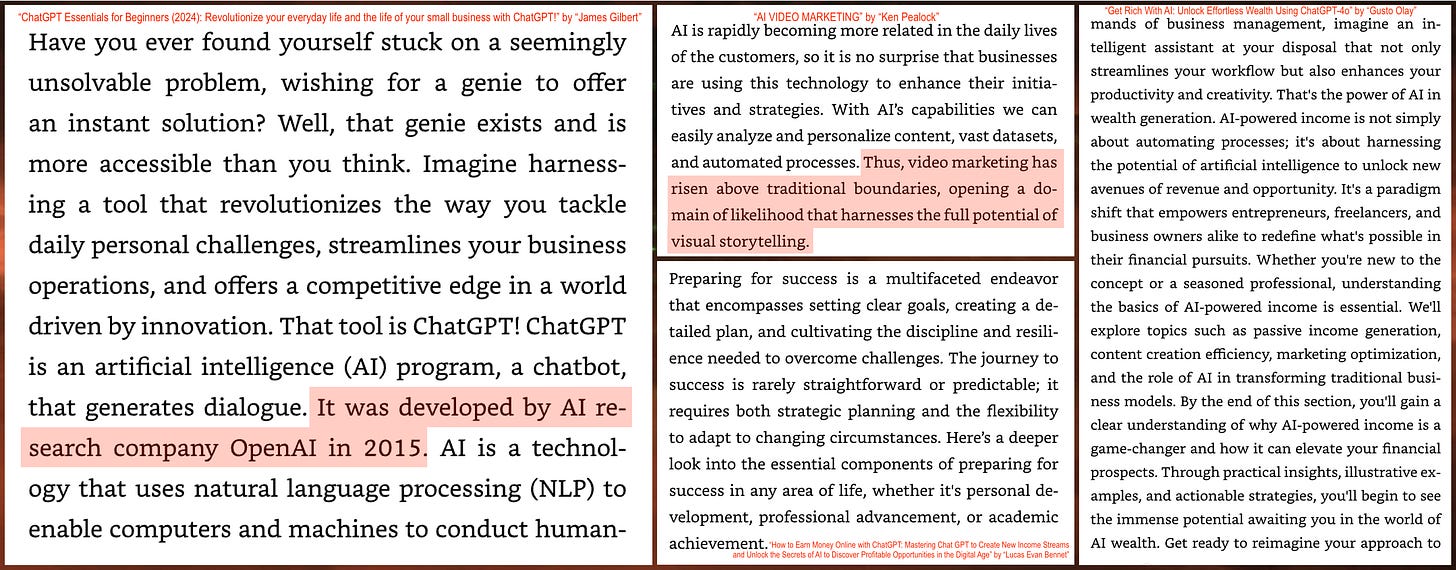 collage of excerpts from various eBooks regarding ChatGPT, which notably include an incorrect claim that ChatGPT was invented in 2015 collage of excerpts from various eBooks regarding ChatGPT, which notably include an incorrect claim that ChatGPT was invented in 2015