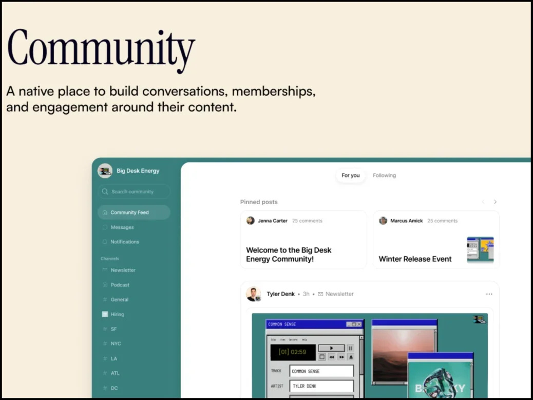 Beehiiv slide showing what new community features can look like. Featuring 'community feed' with tabs for messages, notifications and different channels