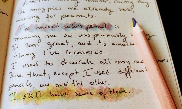 Close-up of a journal page. It says βThings I really want to do this yearβ. The words have been painted over with yellow, green and red pencils to create a colorful highlight. On the page thereβs a big pencil with a multicolored tip, and a black pen. Second image is another page with text highlighted in mixed colored pencils