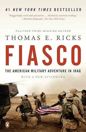 Book cover of Fiasco: The American Military Adventure in Iraq by Thomas E. Ricks, showing U.S. soldiers surrounding a flag-draped coffin in a desert setting.