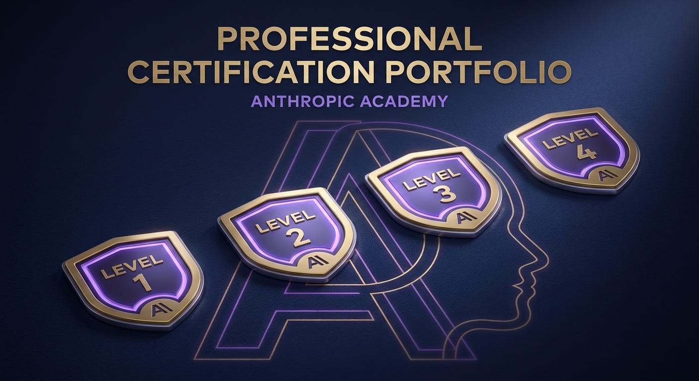 Four Claude certification badges in Anthropic purple and gold ascending on a dark background representing the Associate, Developer, and Architect credential portfolio
