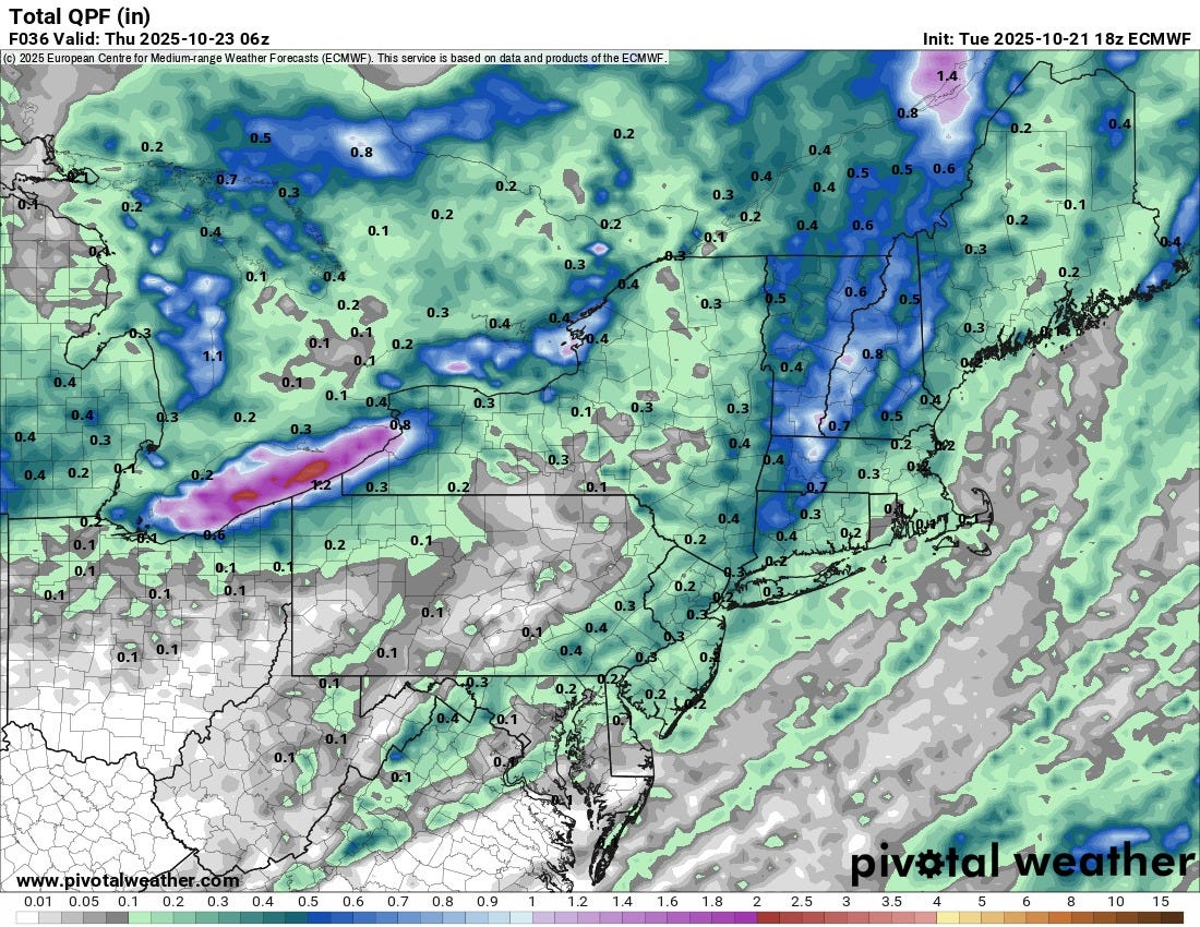 May be an image of map and text that says 'Total QPF F036 Valid: 2025-10-23 10-23 06z 2025- 202 ean Centrefo ange Weather Forecasts ECMWF) This ರాಚతి based data tata ataan RM and products ofthe CMWF. 0.8 Init: Tue 2025-10-21 2025- 18z ECMWF 0.2 0.1 0.2 www.pivotalwgather.co 0.05 0.1 0.2 0.3 0.4 0.5 0.6 0.7 0.8 0.9 1.2 1.4 1.6 1.8 2 2.5 pivotal piv#falweather eather 33545681015 15 3 3.5 5 8 1015'