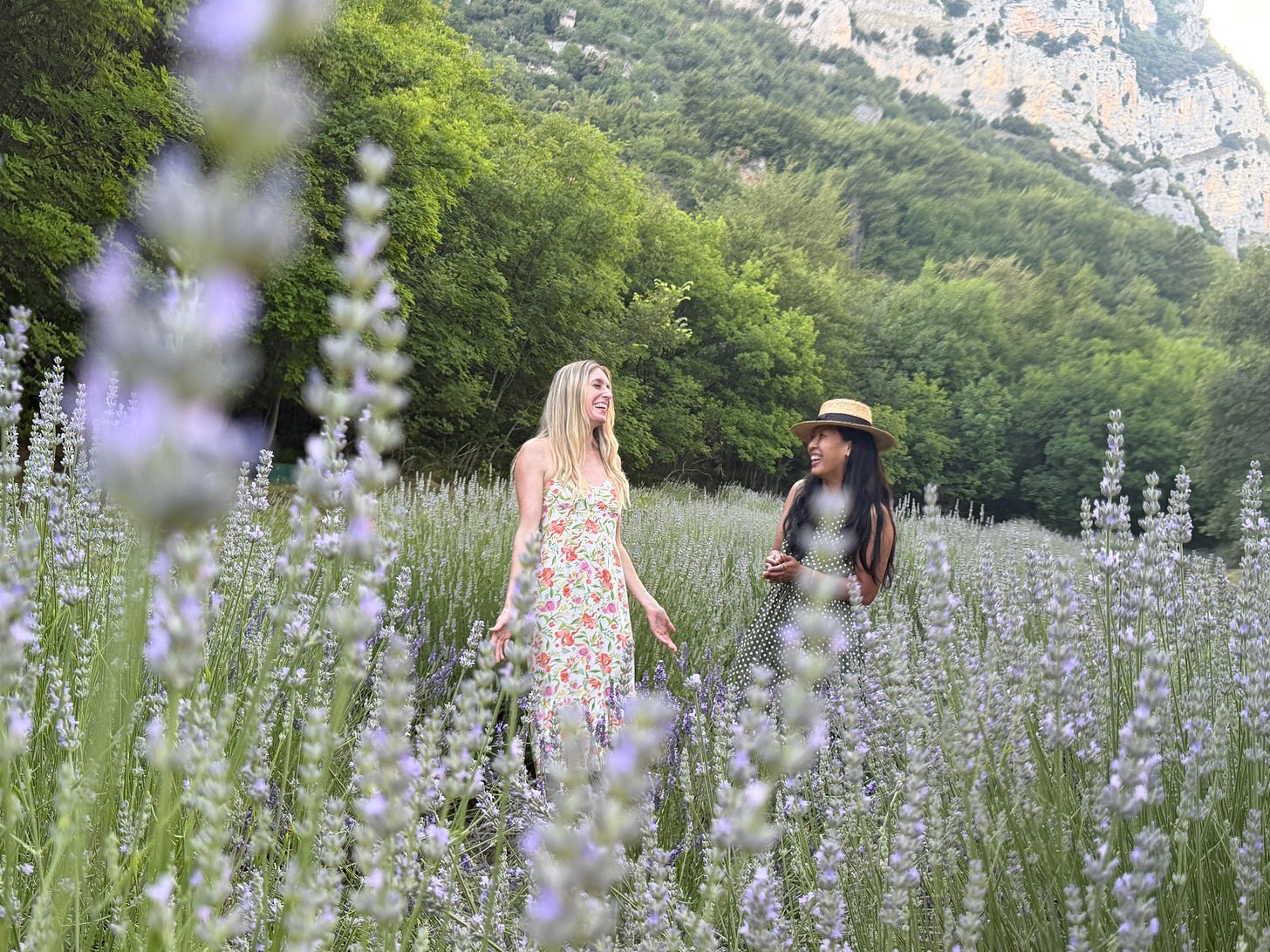 Two women laughing together in a blooming lavender field, with lush green trees and rocky mountains in the background. Two women laughing together in a blooming lavender field, with lush green trees and rocky mountains in the background.