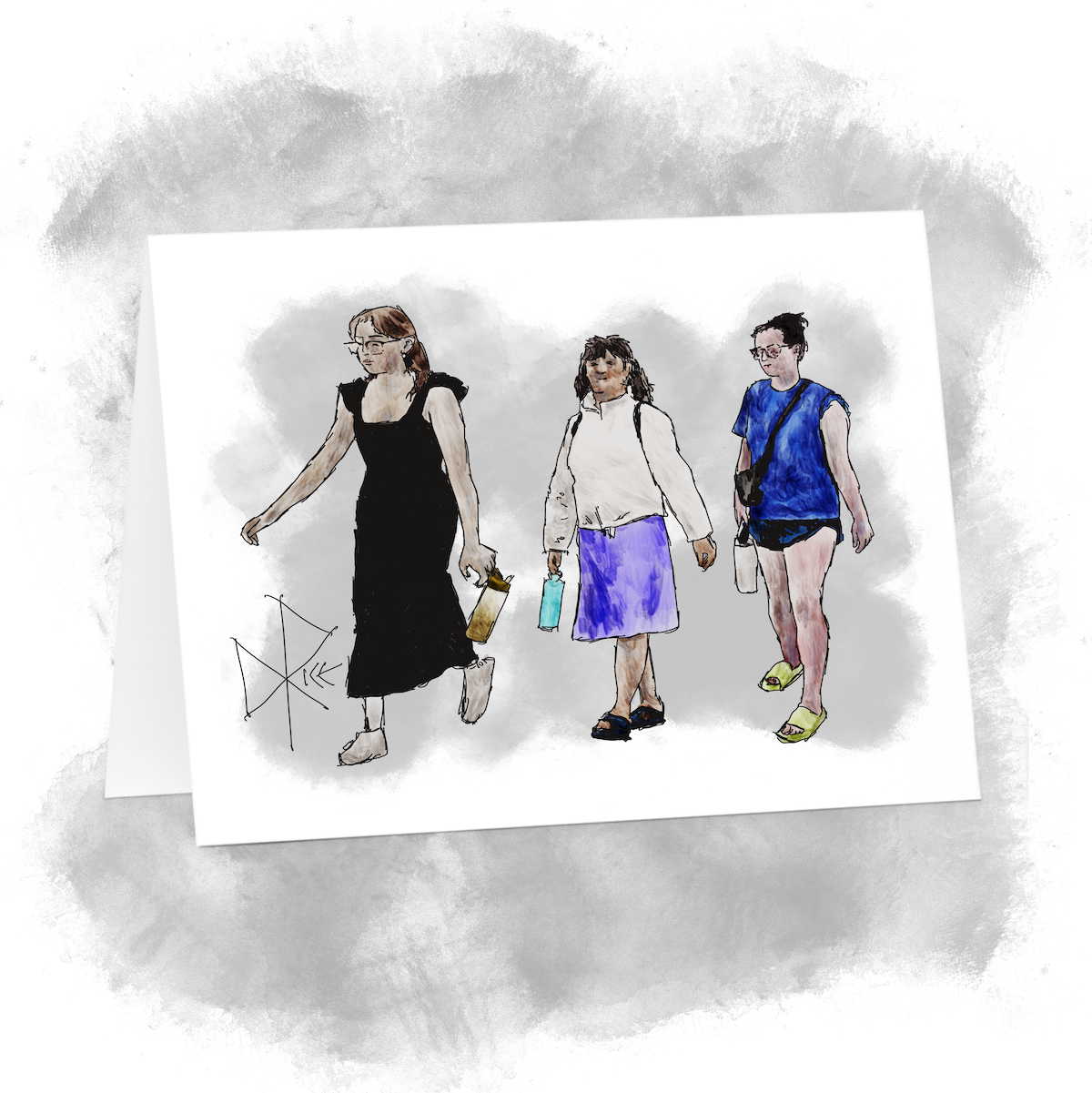 Three women walking, each of them holding a water bottle. Sketch art by Don Rice.