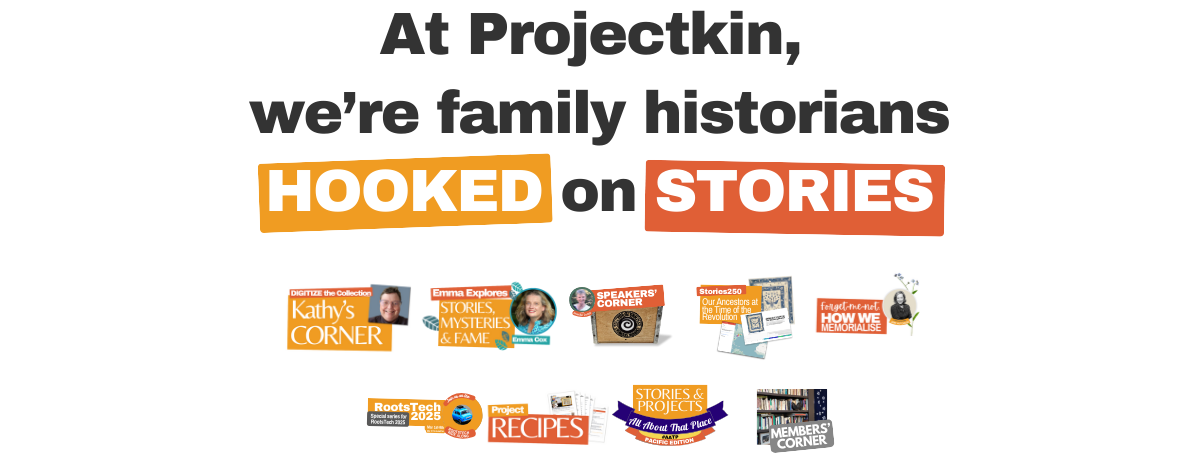 Graphic illustration highlighting the various projects and programs at Projectkin with a headline that reads "At Projectkin, we're family historians hooked on stories."