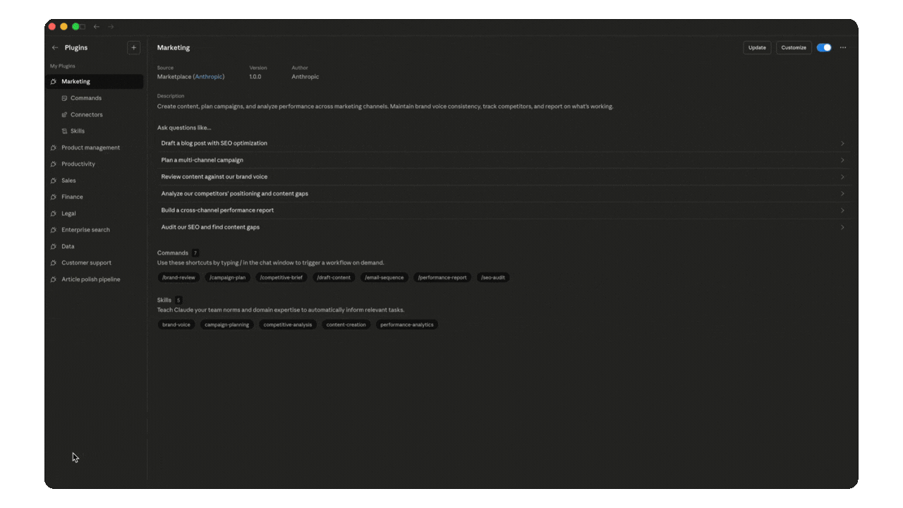 Installing a Claude Cowork plugin from the sidebar in under 10 seconds, showing the plugin library browse and one-click install process