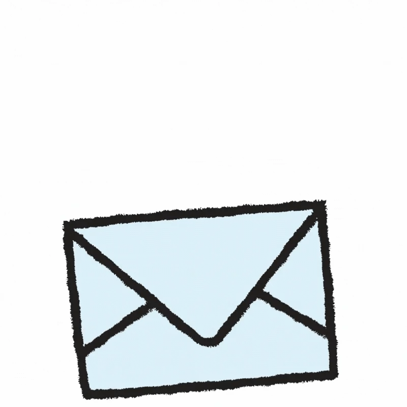 Hand-drawn black envelope outlined on a pale blue rectangle against a white background.