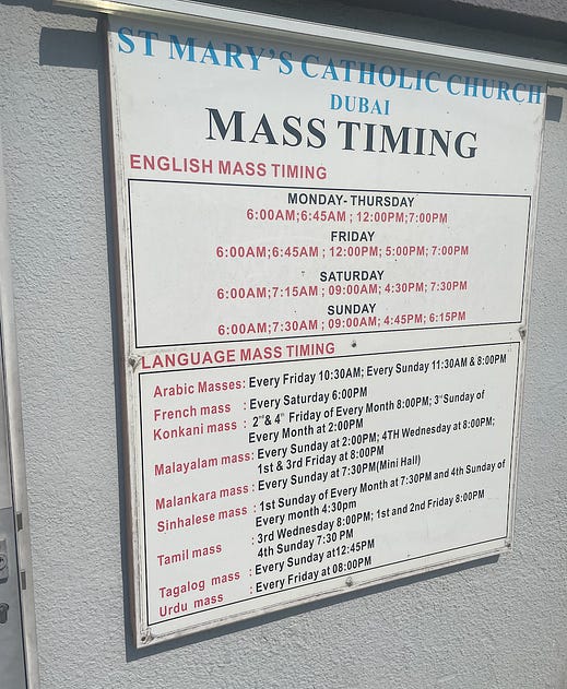 Mass times at St. Mary's Catholic Parish, Dubai. Credit: JD Flynn/Pillar Media.