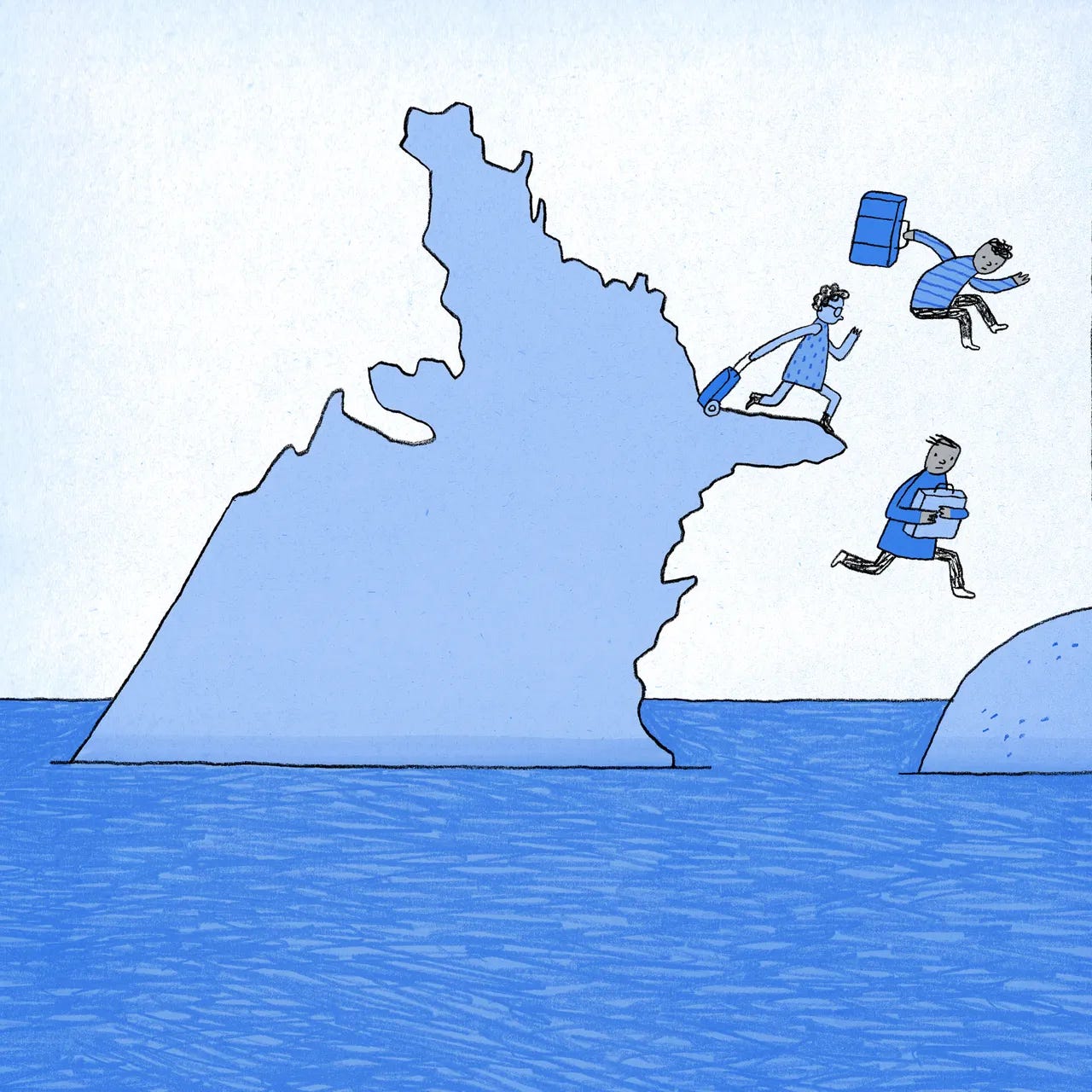 People jumping off a map of the U.S. to another country.