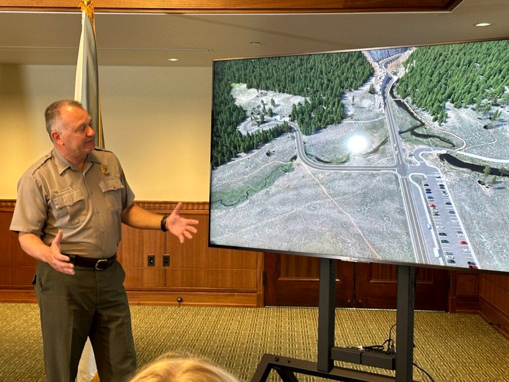 Yellowstone National Park Superintendent Cam Sholly describes the construction project near Rustic Falls. (Photo by Blair Miller, Daily Montanan)