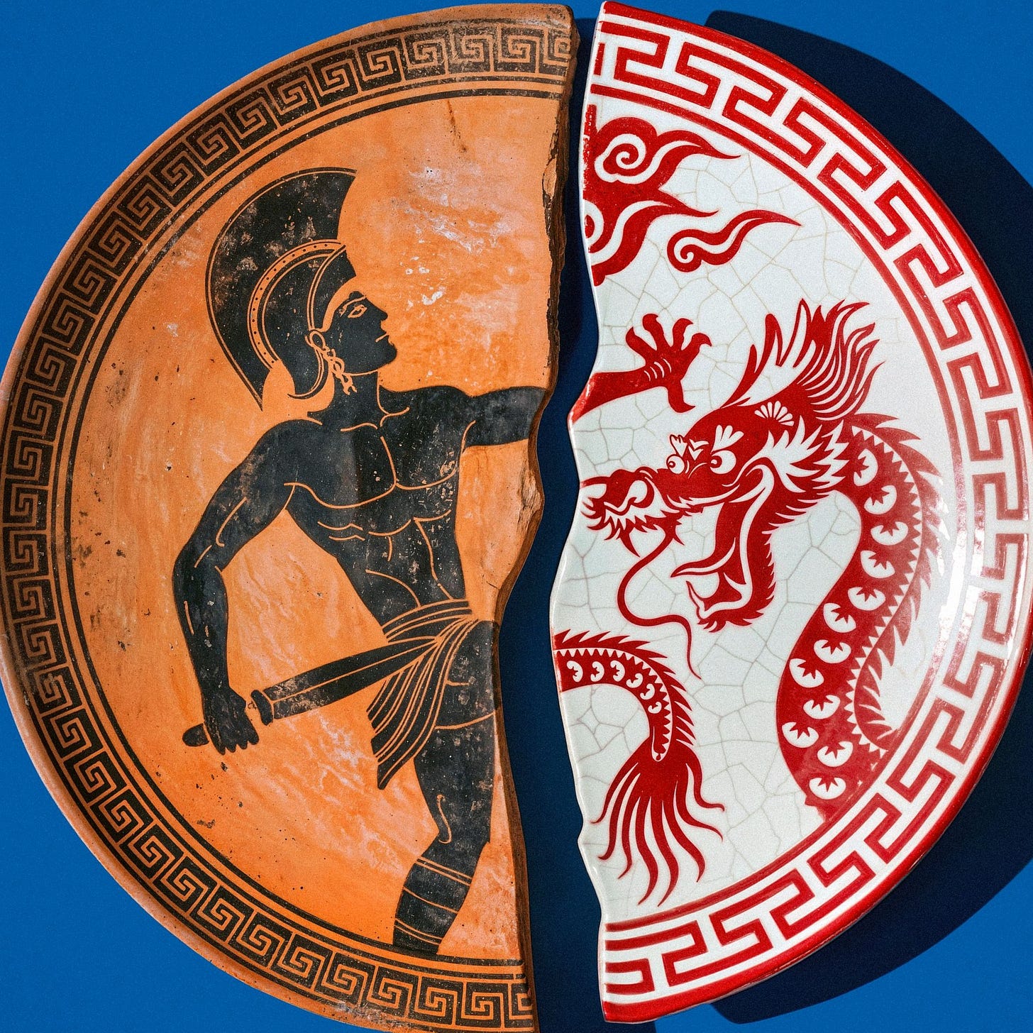 greek chinese pottery ceramics broken plate warrior dragon greek chinese pottery ceramics broken plate warrior dragon