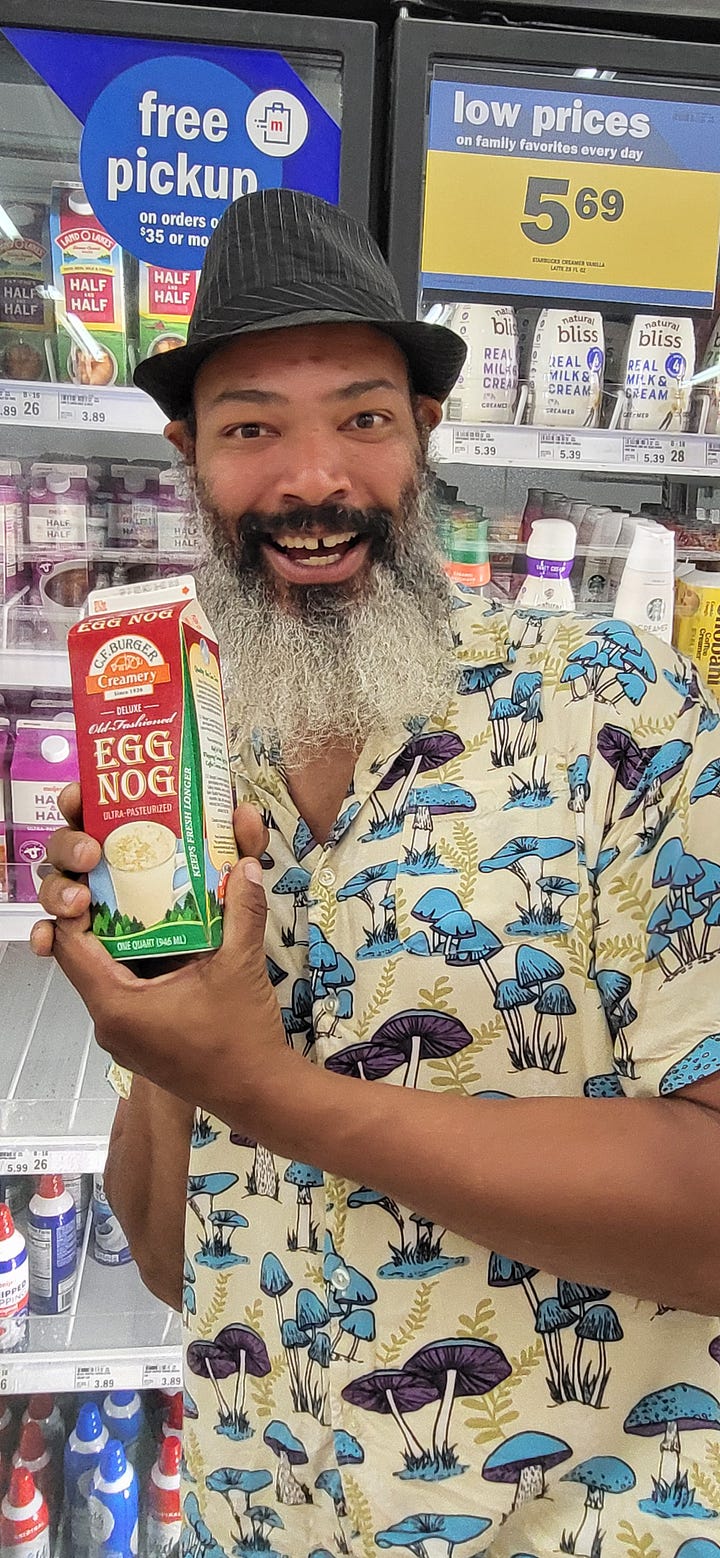 A selfie of Eugene with eggnog in the aisle of a Meijer and a selfie of Emily in the truck eating sushi from Meijer.
