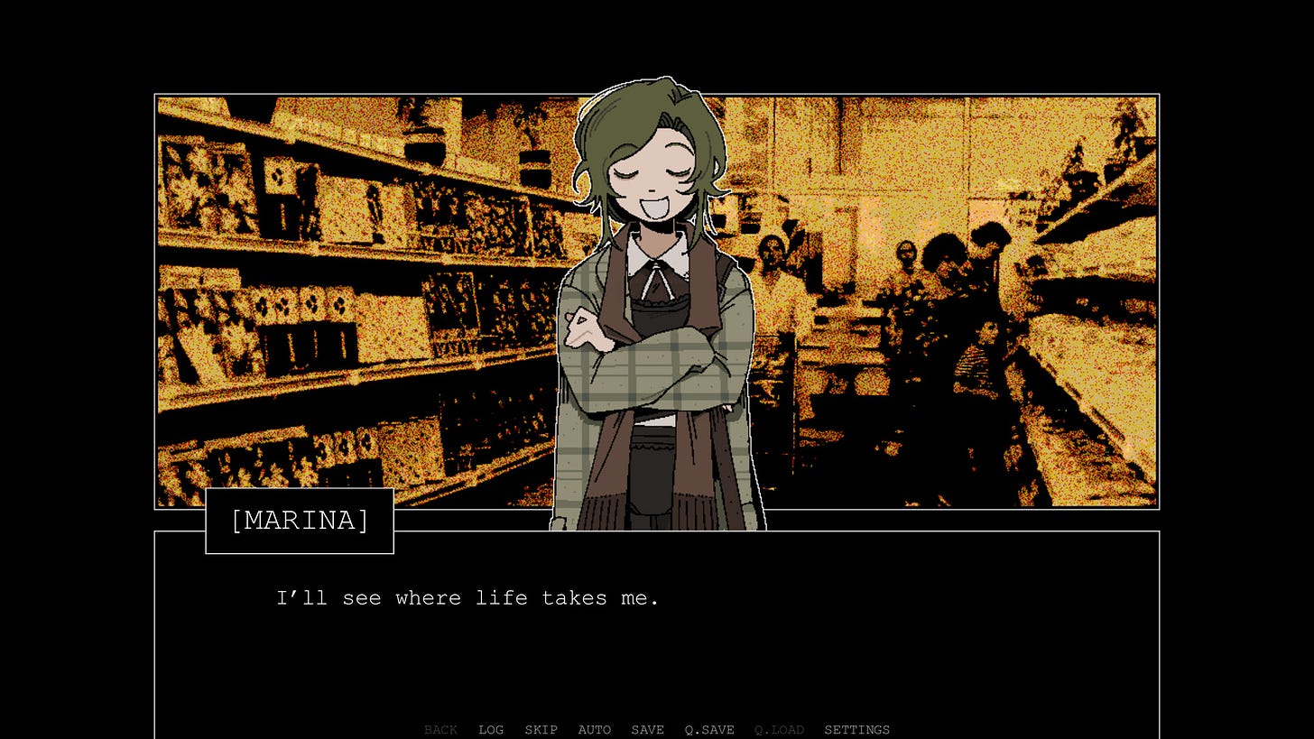 An anime-styled character named Marina stands in a convenience store An anime-styled character named Marina stands in a convenience store