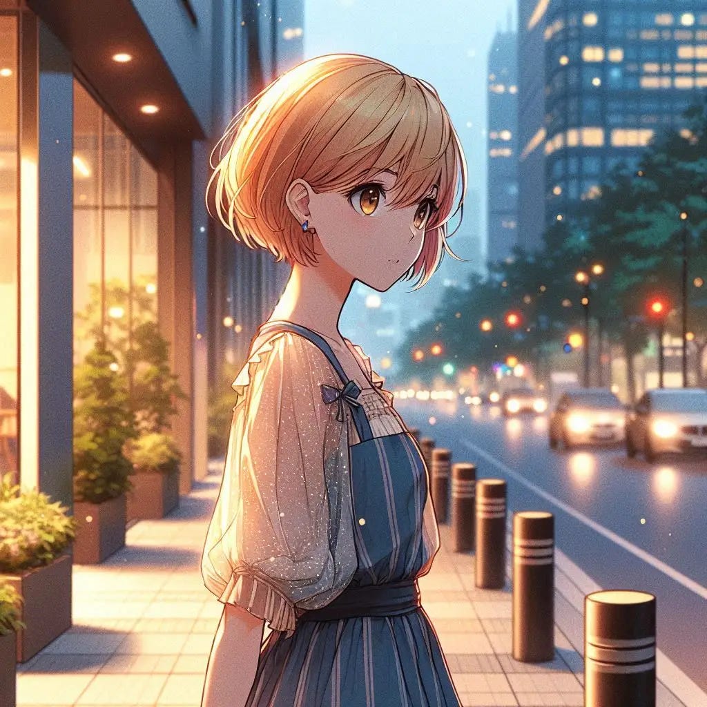 A young woman with short blonde hair and a dress standing alone on the side of the street of a poorish city while looking around Anime art style. evening. modern. side view. alone.