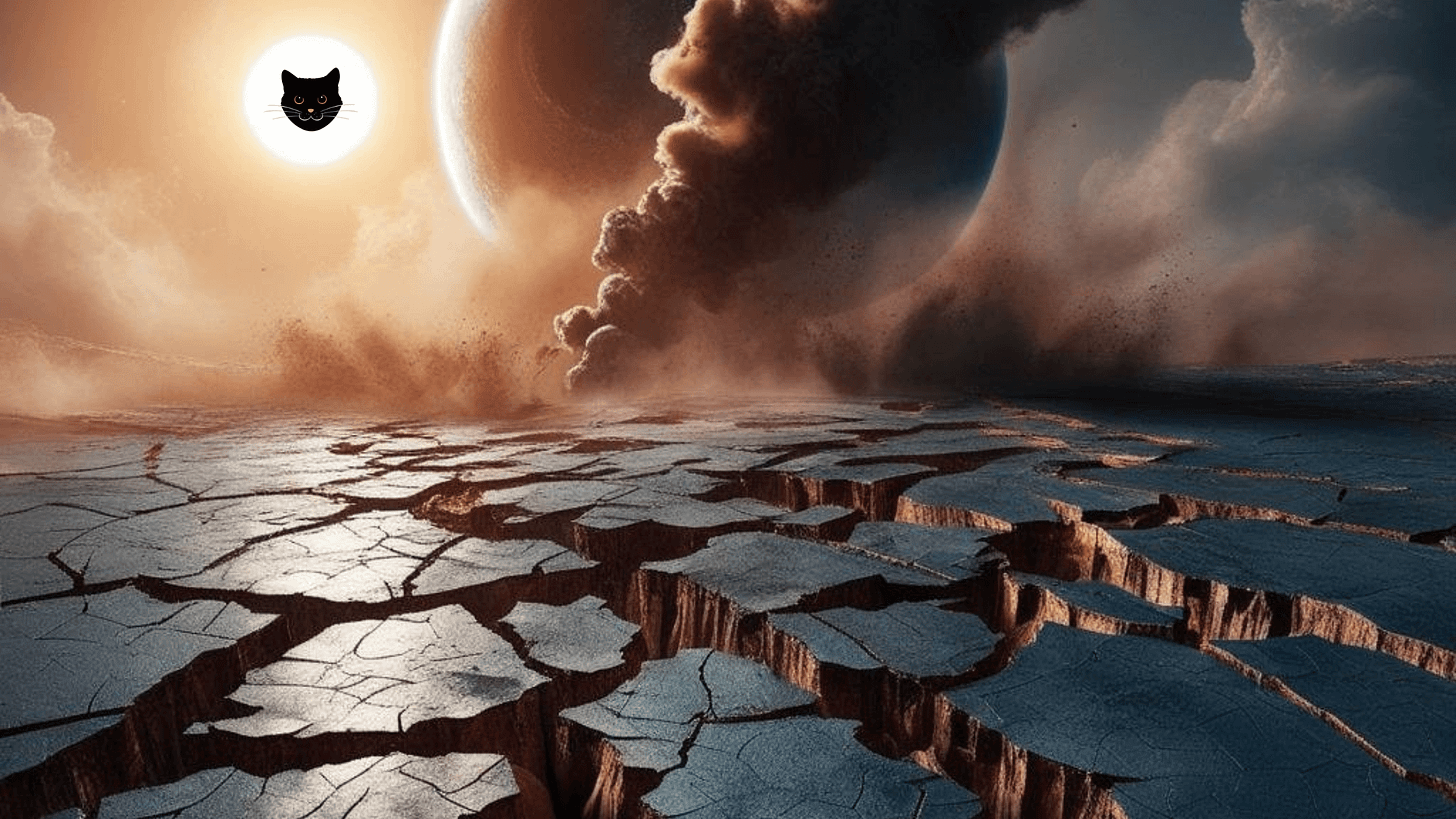 Image of crumbling planet and a cat face