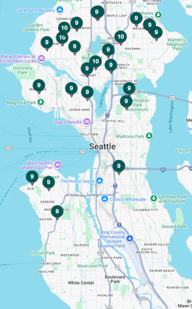 Map of Seattle with schools rated 10, 9, or 8 marked in dark green bubbles. These high-rated schools are clustered almost entirely in the northern half of the city, with only four in the southern half.