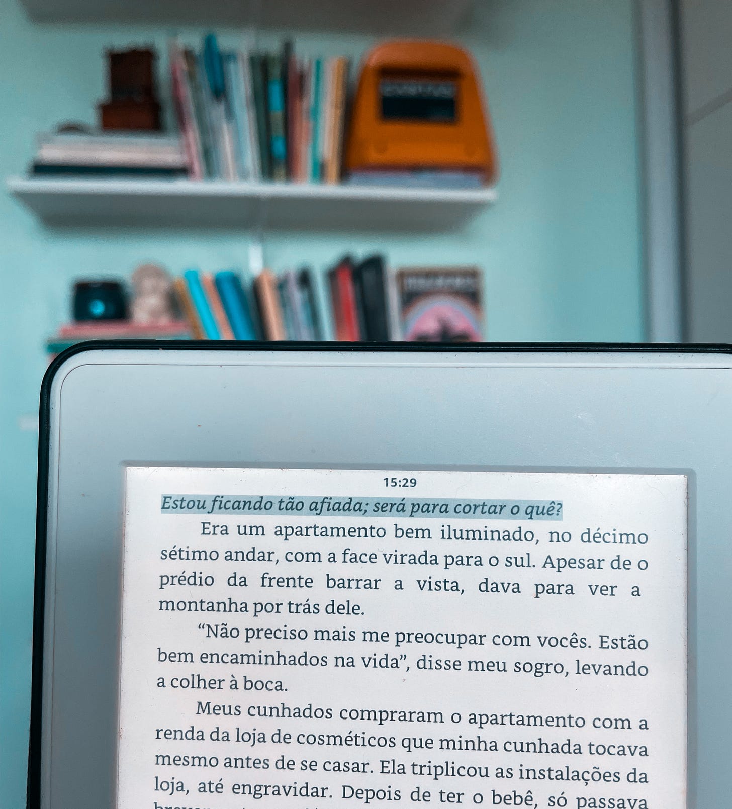 Foto de um Kindle em que é possível ler a frase grifada: "Estou ficando tão afiada; será para cortar o quê?"