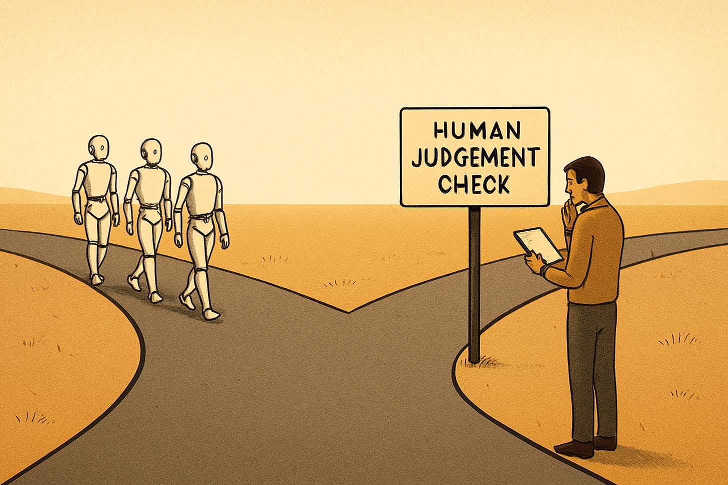 which parts require my judgement - a road with AI robots and a road with a human reviewing things with sign for human judgement check