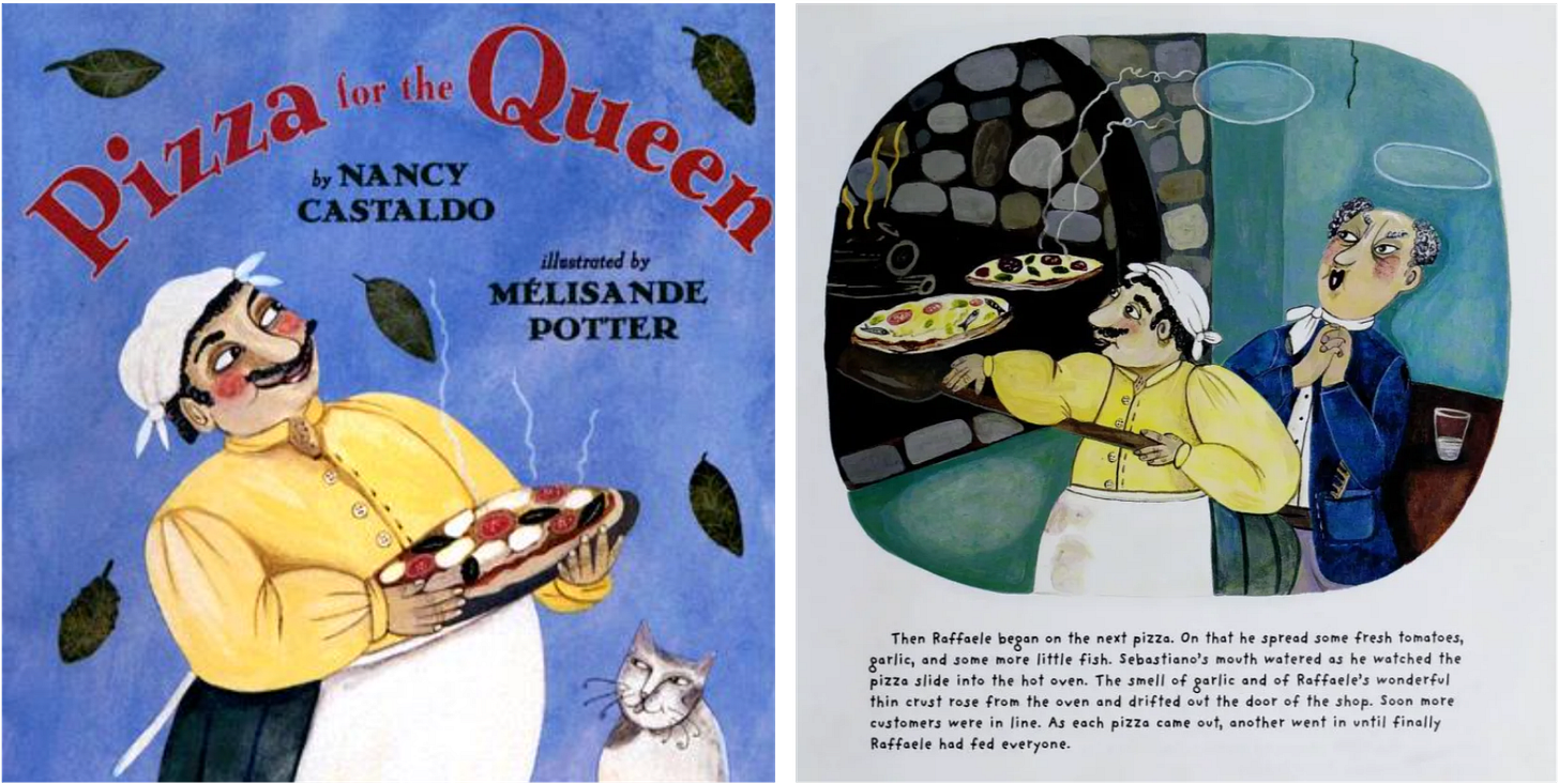 The cover of Pizza for the Queen showing a pizzamaker holding a pizza, with basil leaves falling from the sky, plus a page from the book showing the pizzamaker at his oven, with a customer hovering by his side. The cover of Pizza for the Queen showing a pizzamaker holding a pizza, with basil leaves falling from the sky, plus a page from the book showing the pizzamaker at his oven, with a customer hovering by his side.