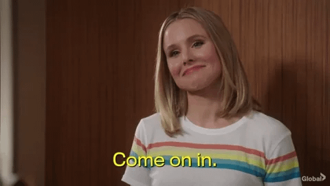 Gif animé de Kristen Bell qui dit "Come on in."
