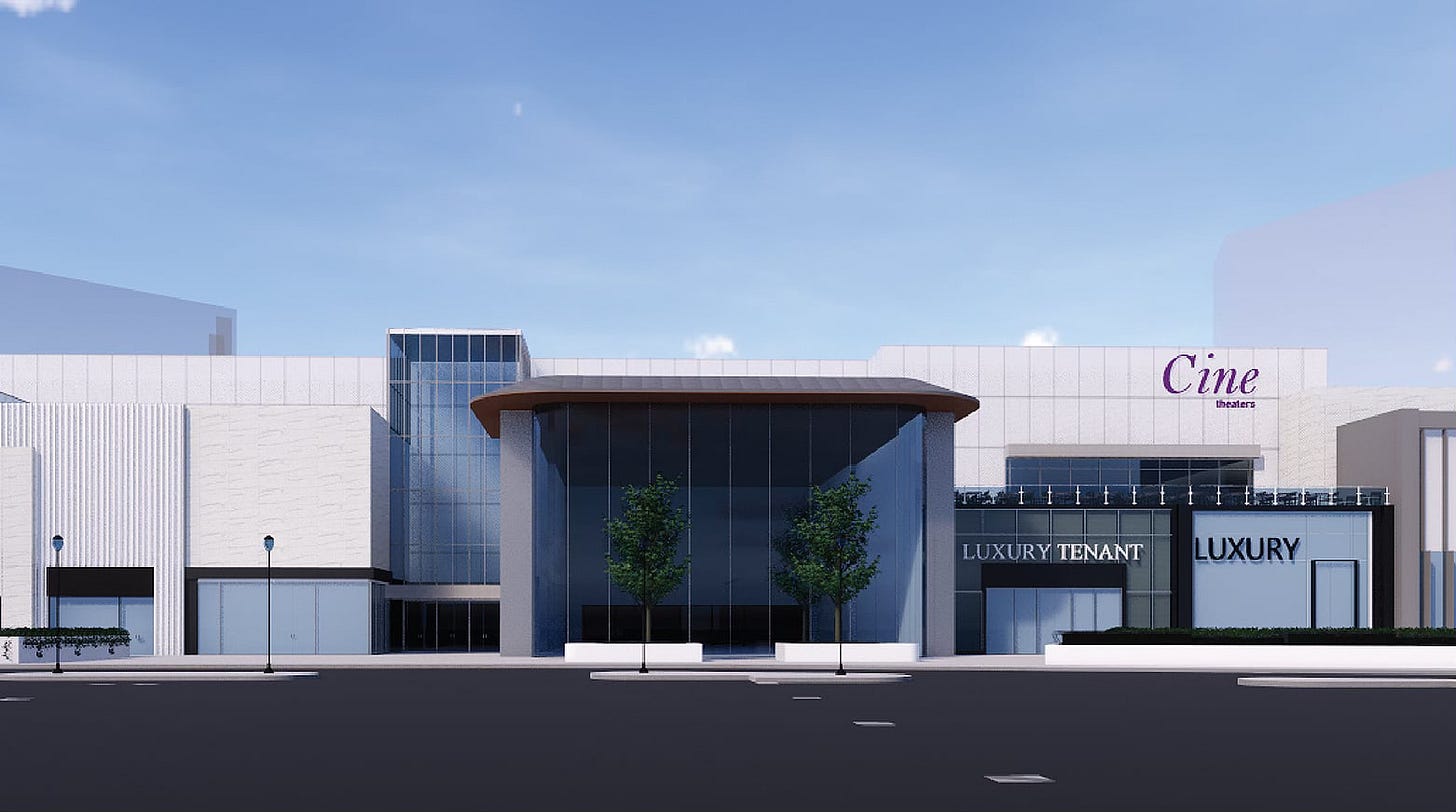 A rendering of a redevelopment at Tysons Galleria. The center structure appears to be a tall Apple Store with a glass facade and two trees.