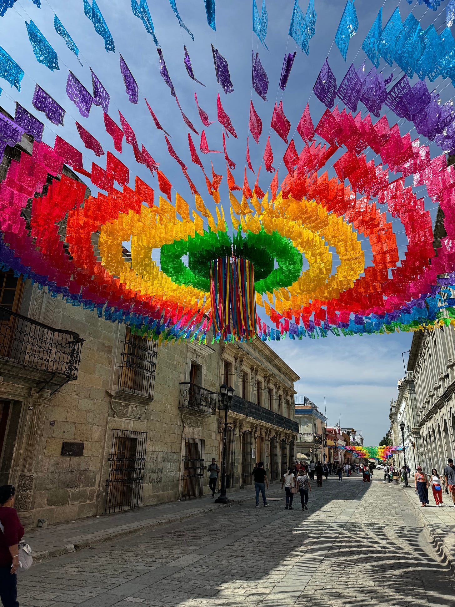 A large airborne display of colorful Mexican banners.